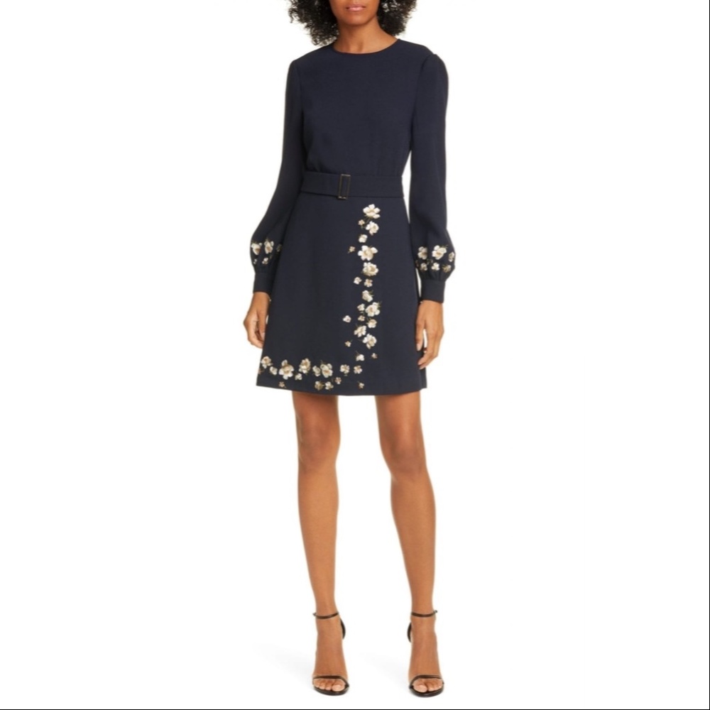 TED BAKER | Pearl Long Sleeve Wrap Dress Embroidered Floral Arnola Blue